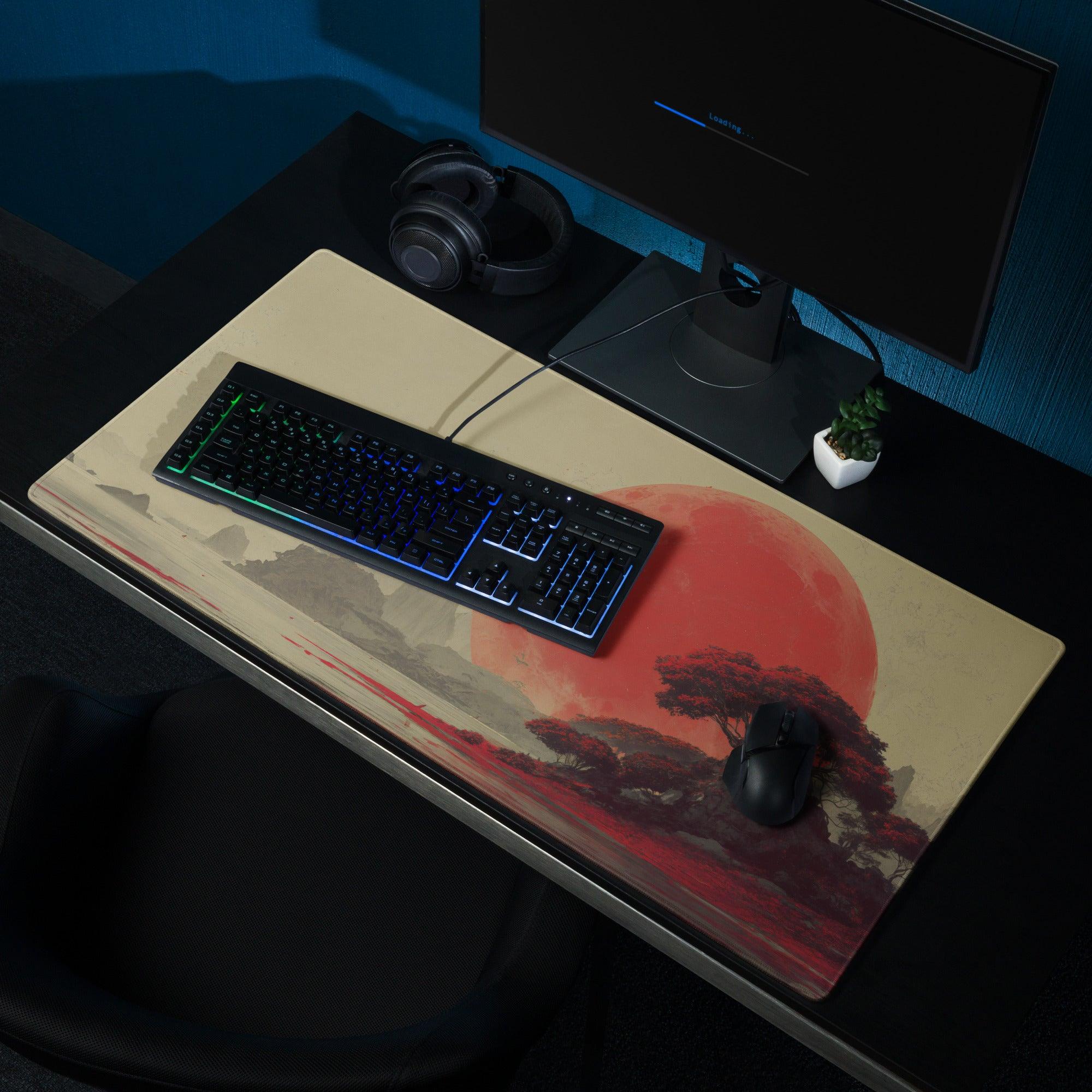 Dreamlike red moon landscape large gaming mouse pad with sunset design