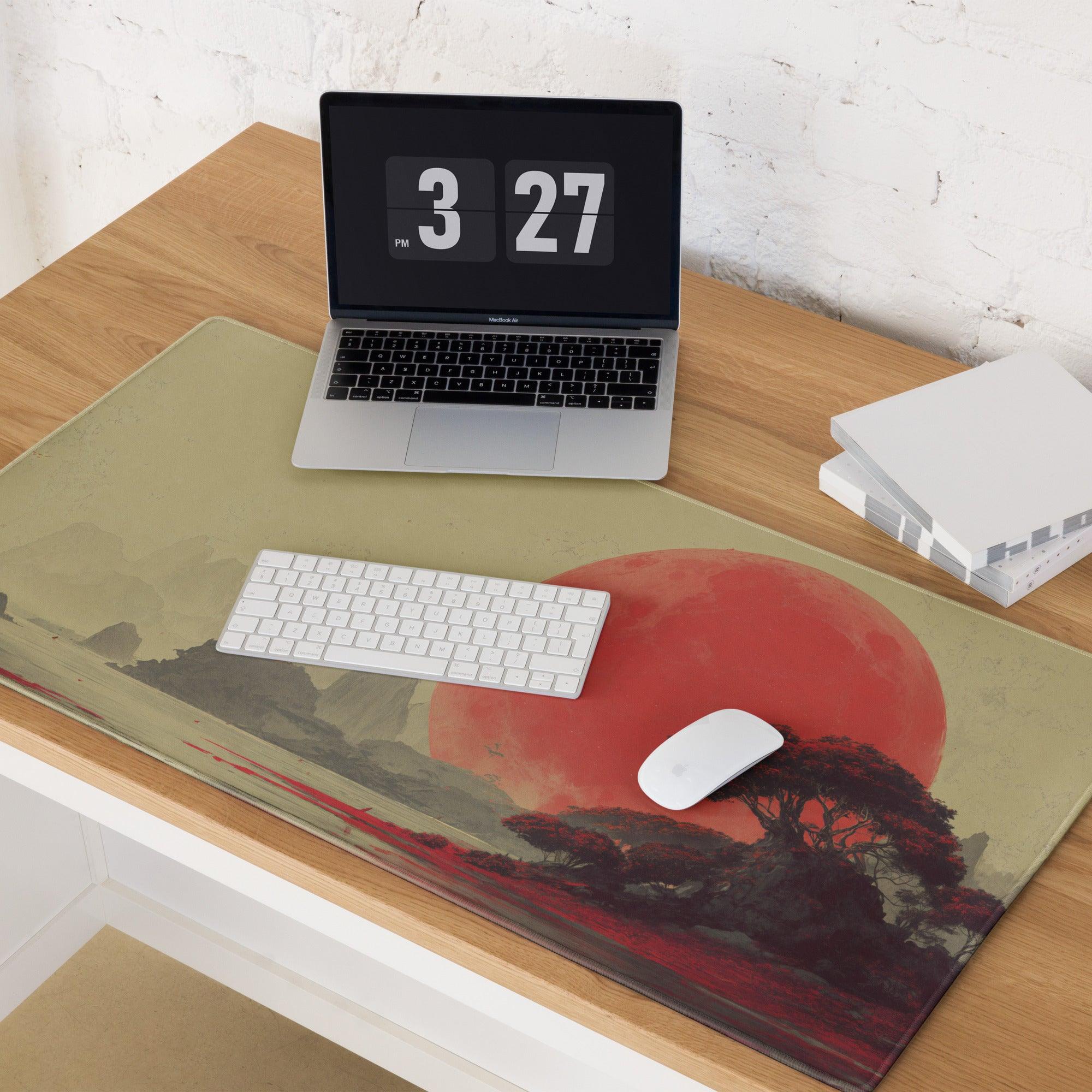 Dreamlike red moon landscape gaming mouse pad with sunset scene