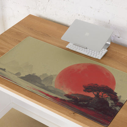 Dreamlike red moon landscape gaming mouse pad with sun, trees, non-slip edges