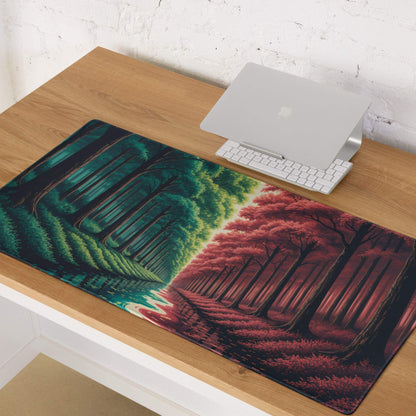 Epic Forest Split Tone green red gaming mouse pad with forest and autumn design