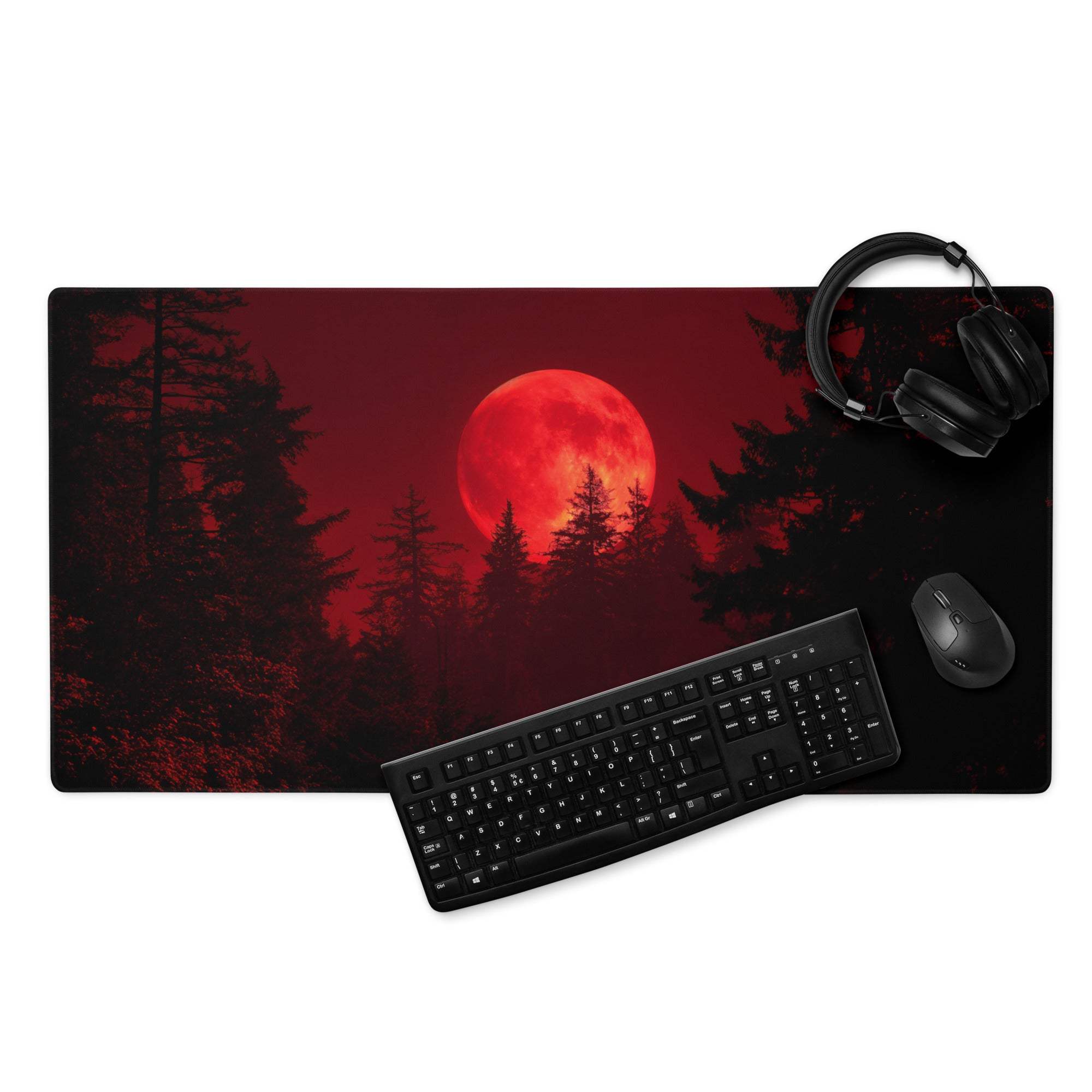 Dark red moonlit forest gaming mouse pad with non-slip backing