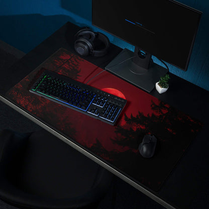 Dark red moon forest theme large gaming mouse pad with red forest design