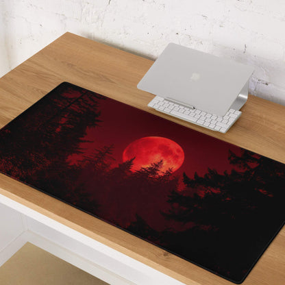 Dark red moonlit forest large gaming mouse pad with non-slip backing