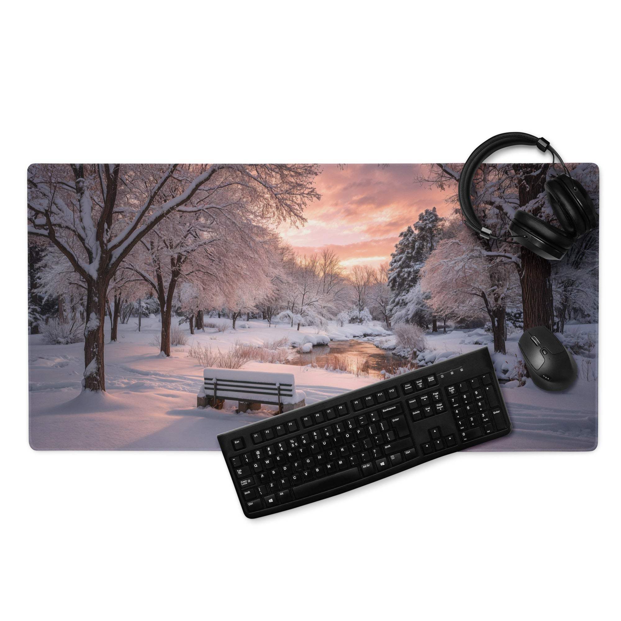 Premium large gaming mouse pad with winter sunset snowscape and non-slip base