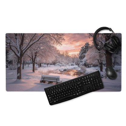 Premium large gaming mouse pad with winter sunset snowscape and non-slip base