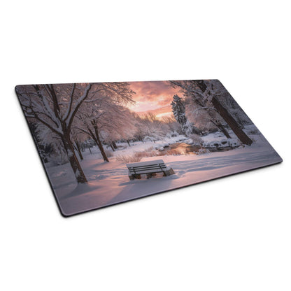 Snow-covered park bench on premium large gaming mouse pad winter sunset design