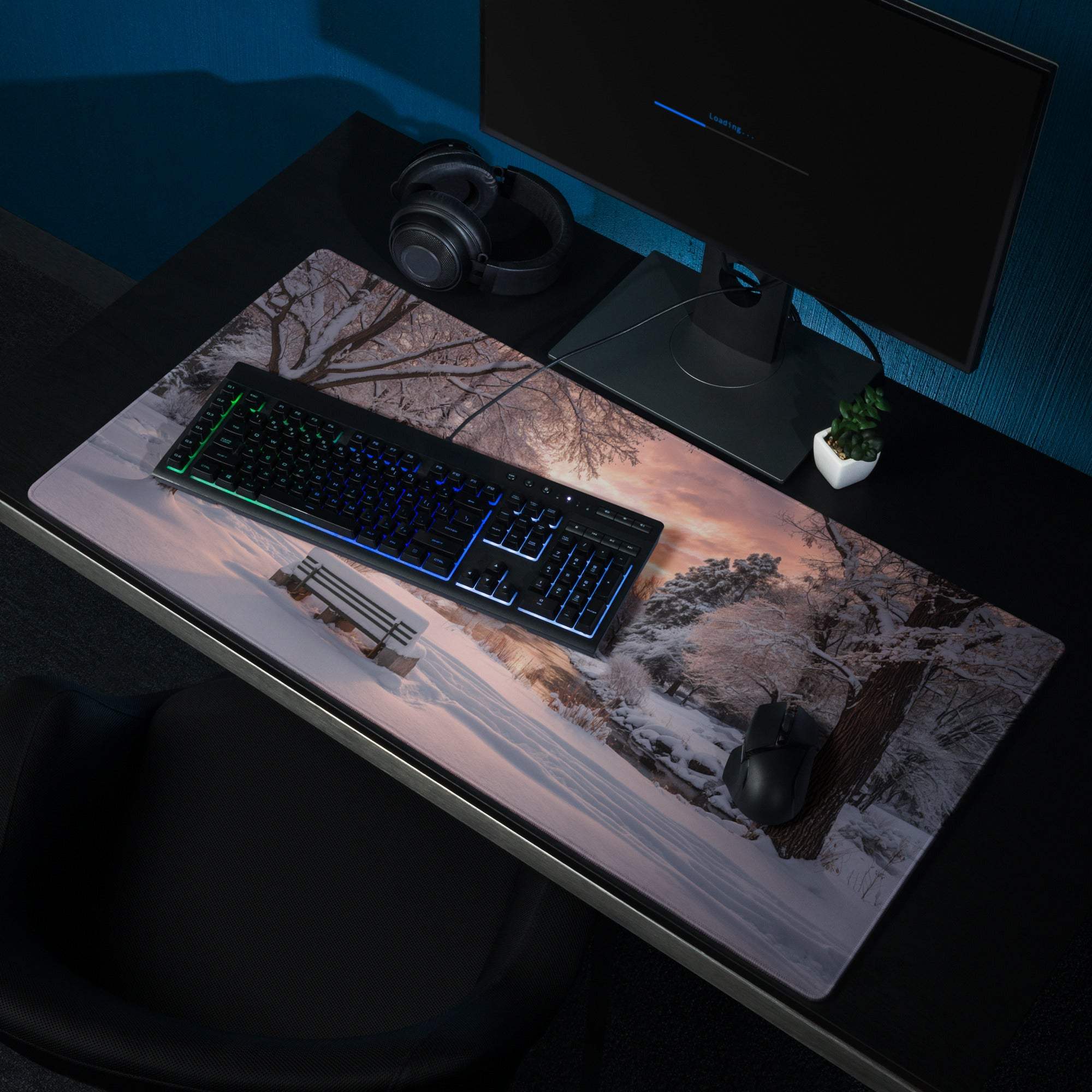 Premium large gaming mouse pad with winter sunset landscape, non-slip base, edge stitching