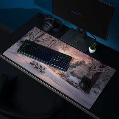 Premium large gaming mouse pad with winter sunset landscape, non-slip base, edge stitching