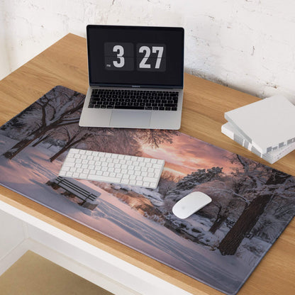 Premium large gaming mouse pad with frosty winter sunset landscape