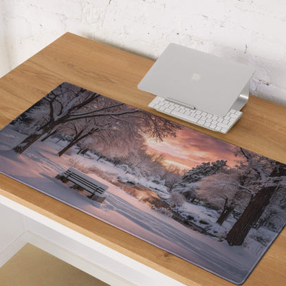 Premium large gaming mouse pad with frosty winter sunset park scene