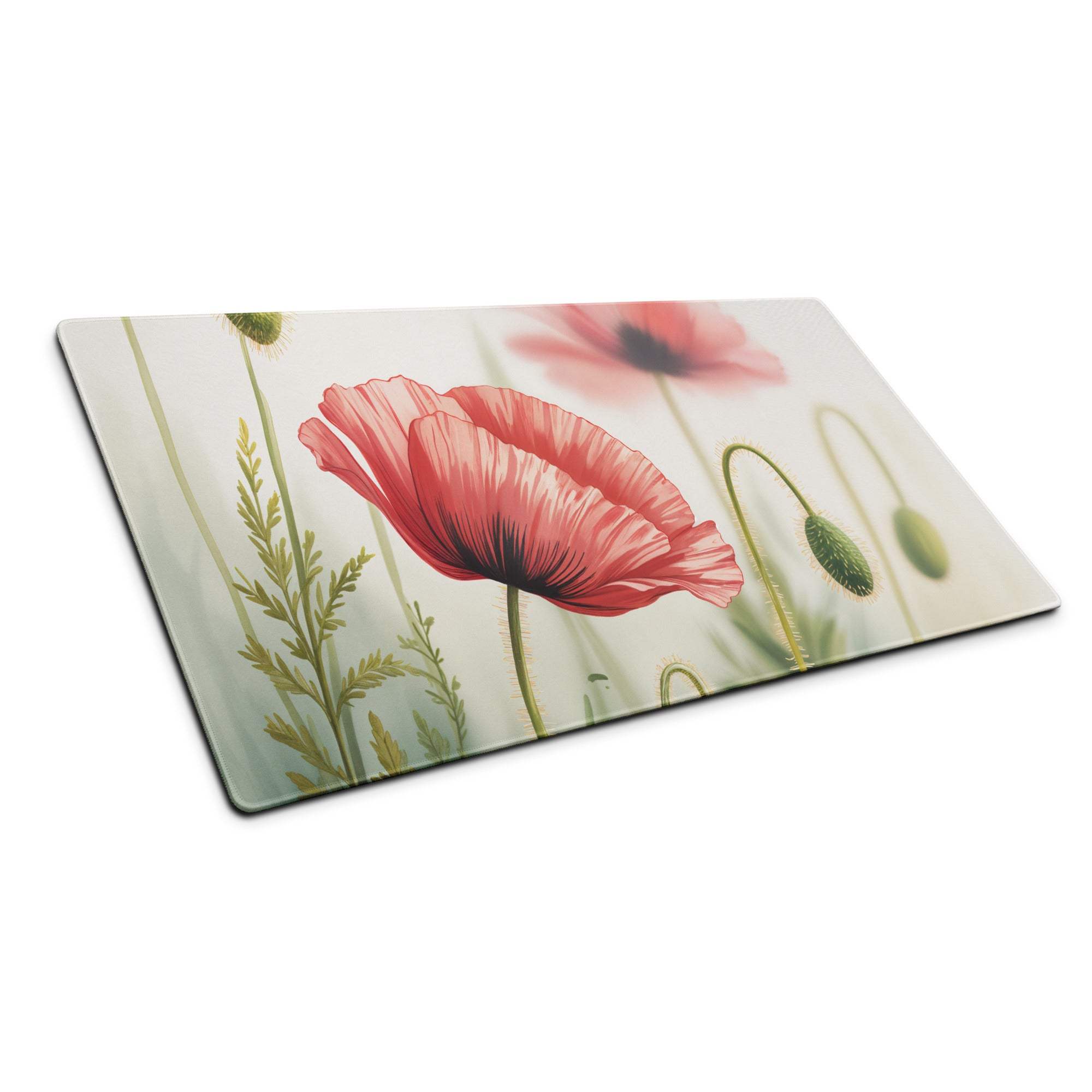 Floral poppy large gaming mouse pad with red poppies on glass-like surface