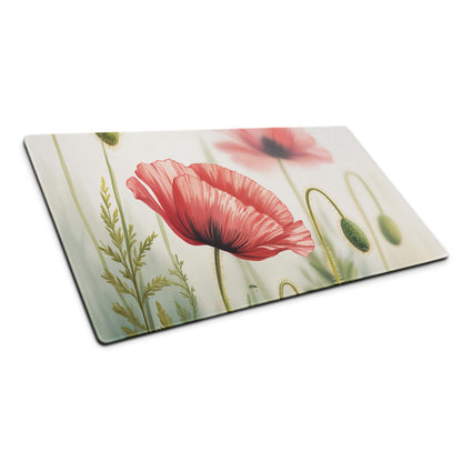 Floral poppy large gaming mouse pad with red poppies on glass-like surface