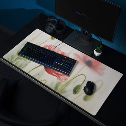 Floral Poppy large gaming mouse pad with pink poppies, non-slip backing