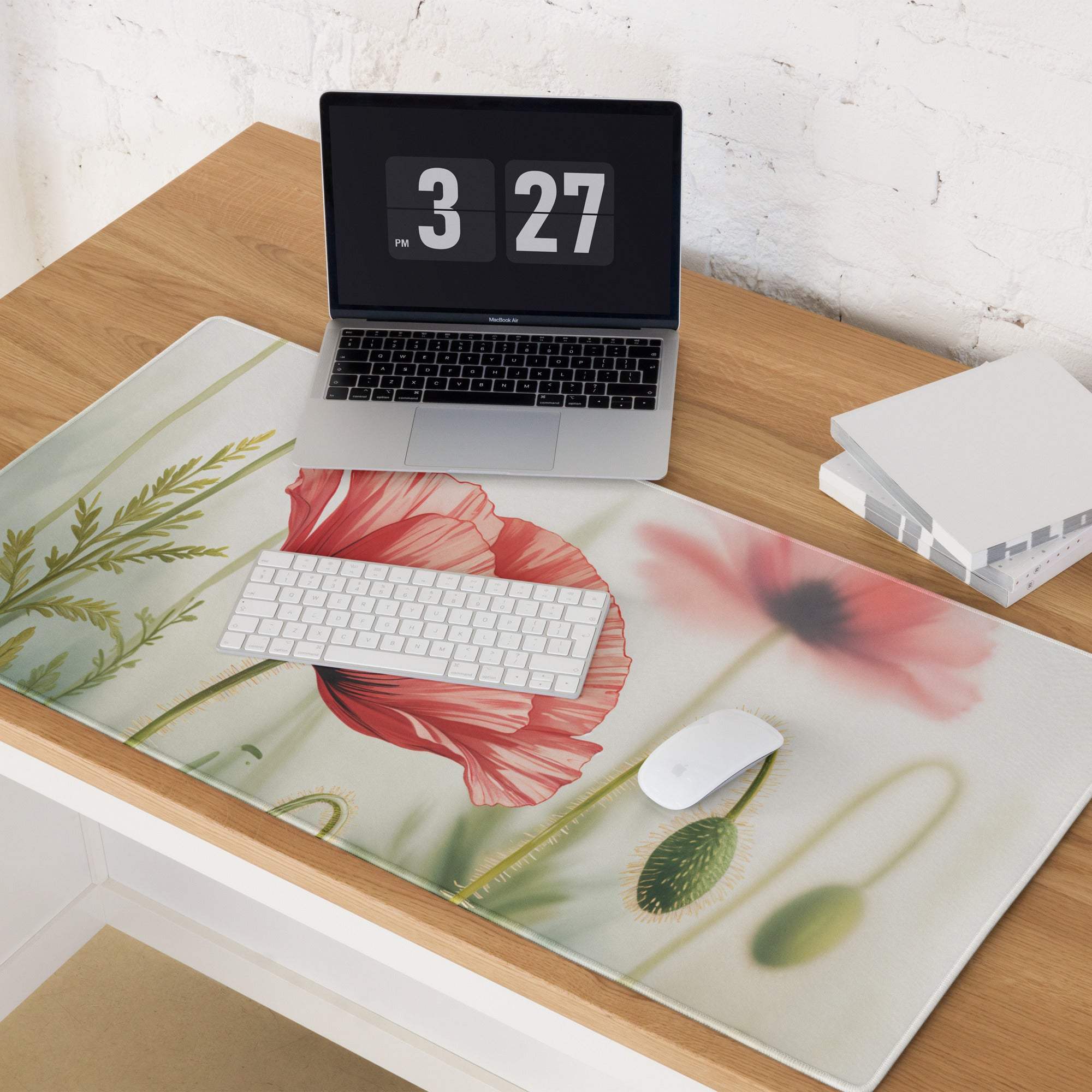 Floral Poppy large gaming mouse pad with watercolor poppies, non-slip backing