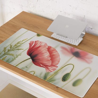 Floral poppy large gaming mouse pad with red poppies and non-slip backing
