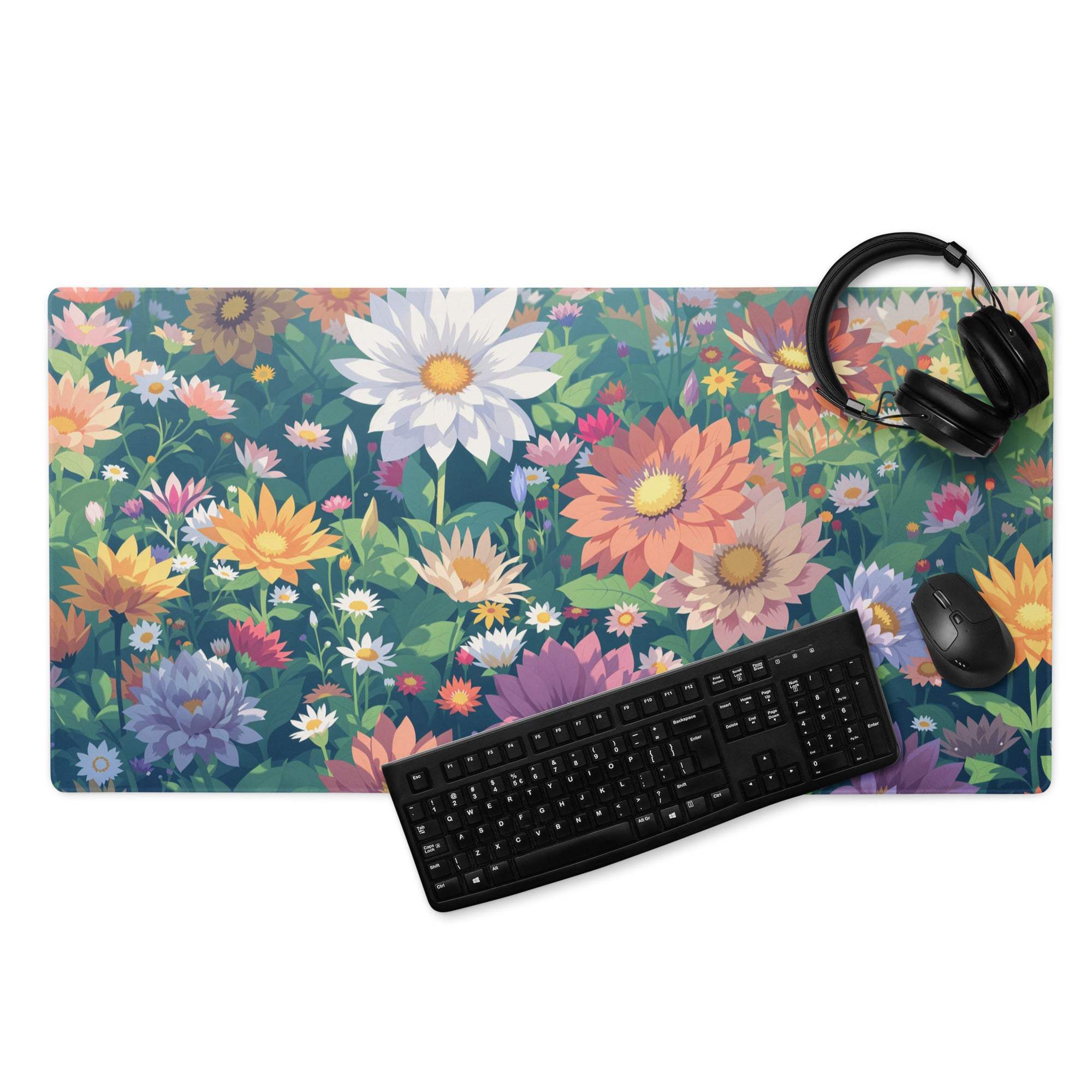 Vibrant floral garden gaming mouse pad with large size, non-slip backing