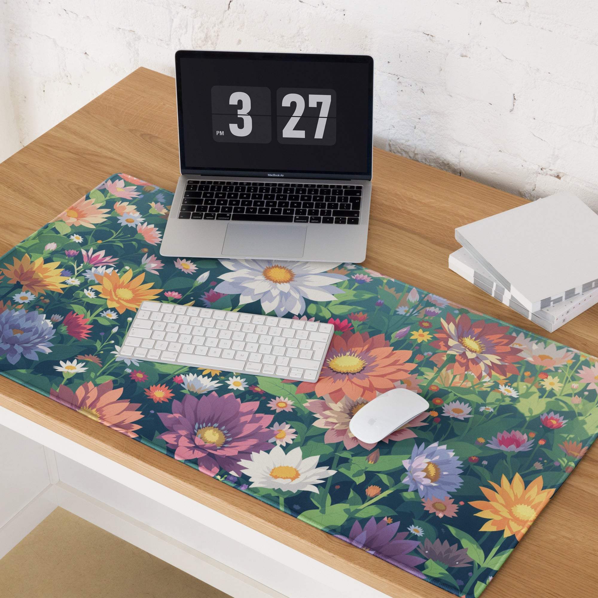 Vibrant floral garden gaming mouse pad with dark green base, colorful blossoms, non-slip backing