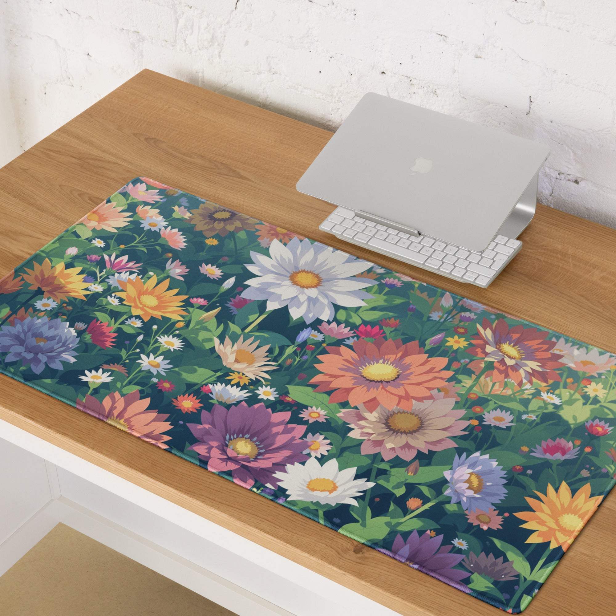 Vibrant floral garden gaming mouse pad with colorful flowers, non-slip backing