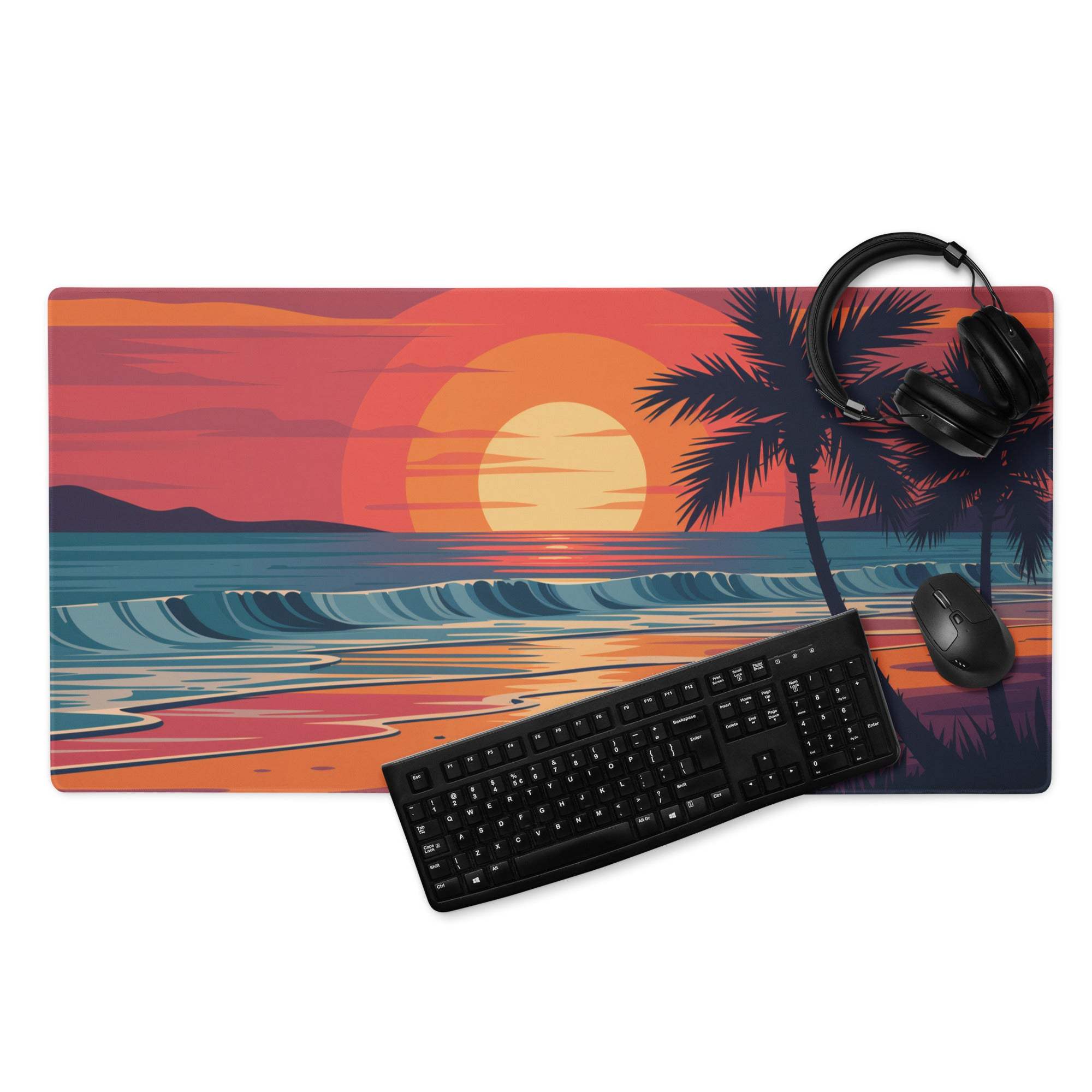 Tropical sunset beach gaming mouse pad with palm trees and waves