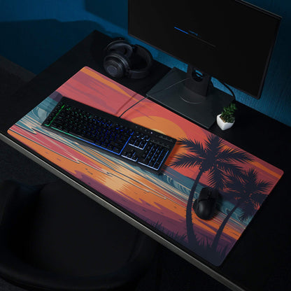 Tropical sunset beach gaming mouse pad with palm trees and waves