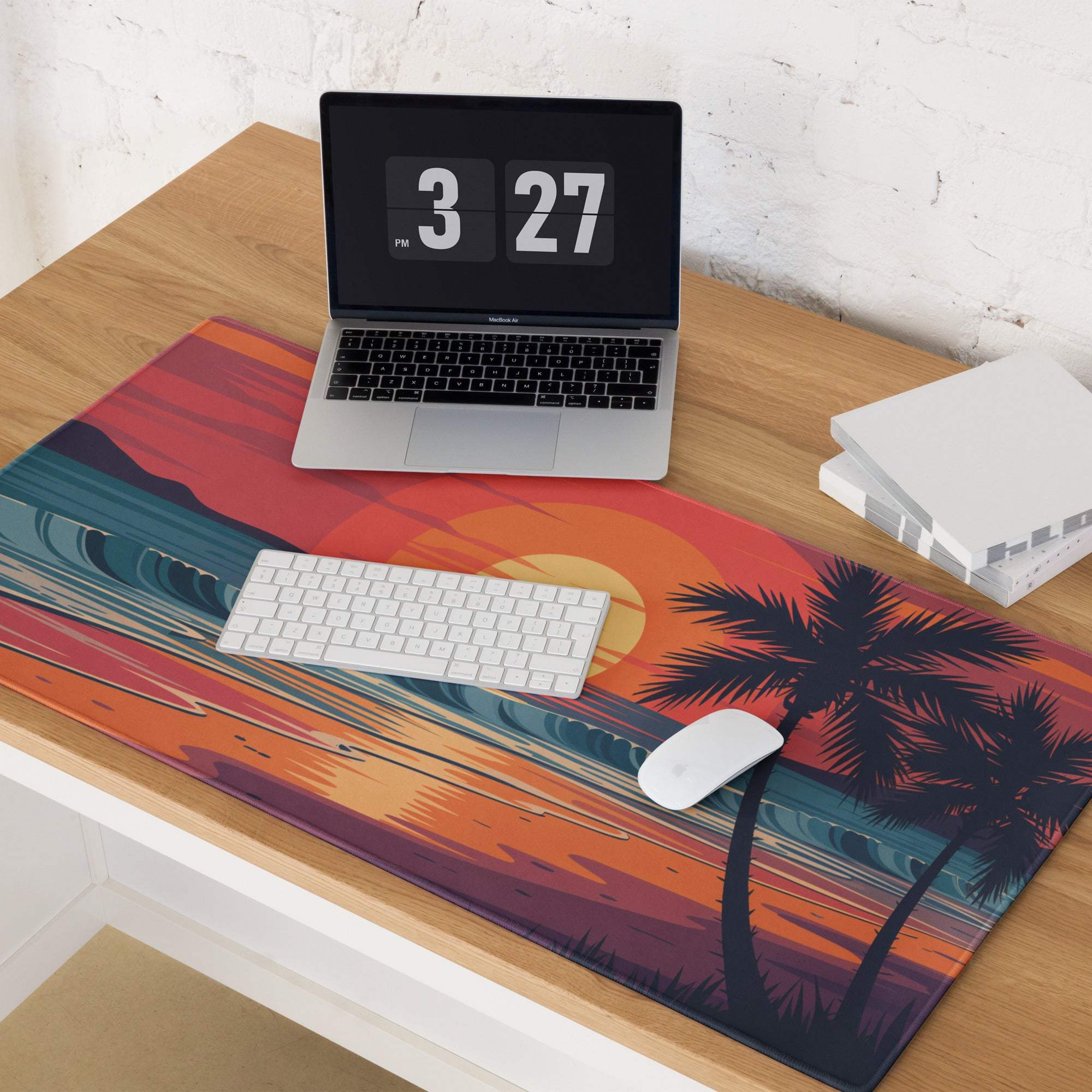 Tropical sunset beach gaming mouse pad with palm trees and ocean waves