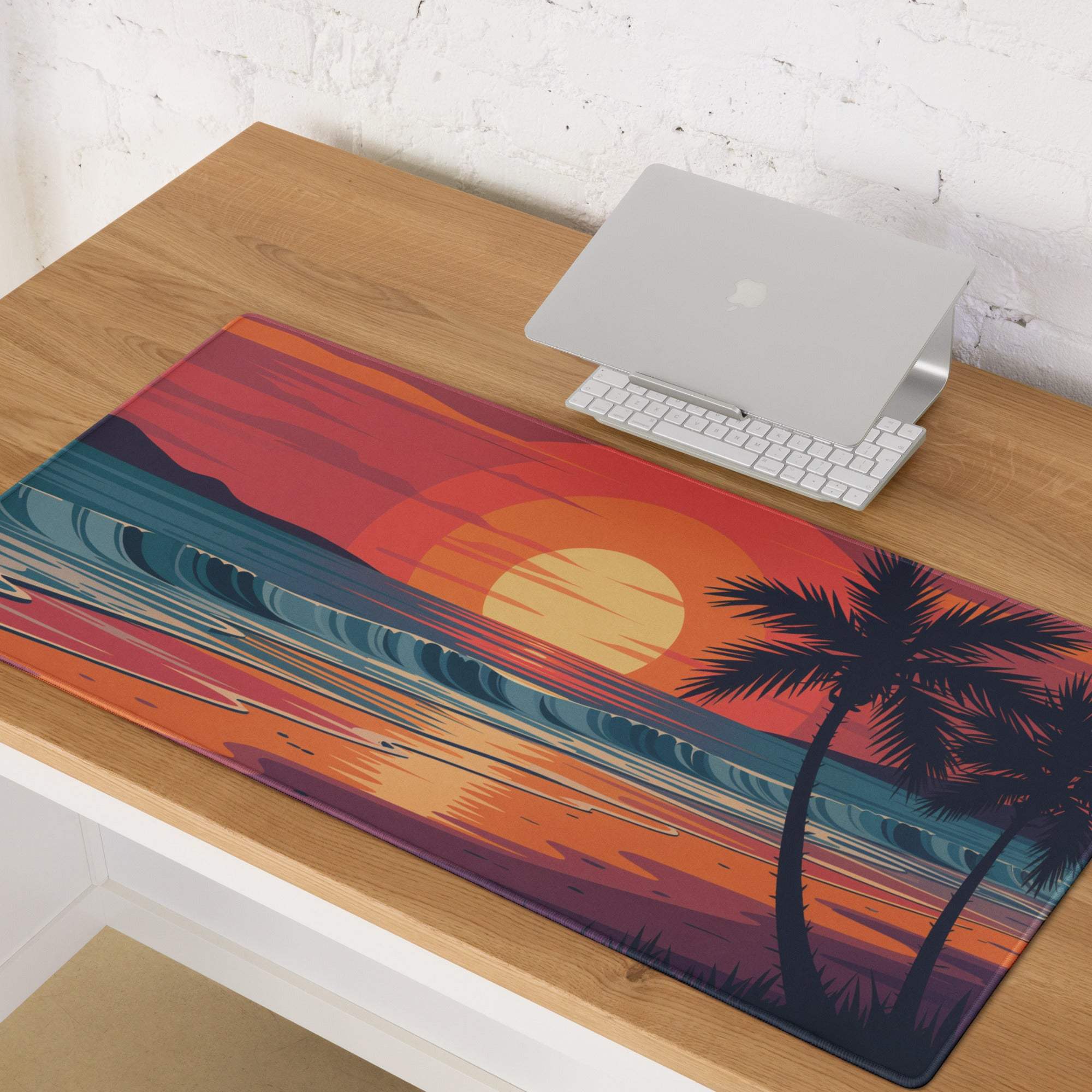 Tropical sunset beach gaming mouse pad with palm trees and waves