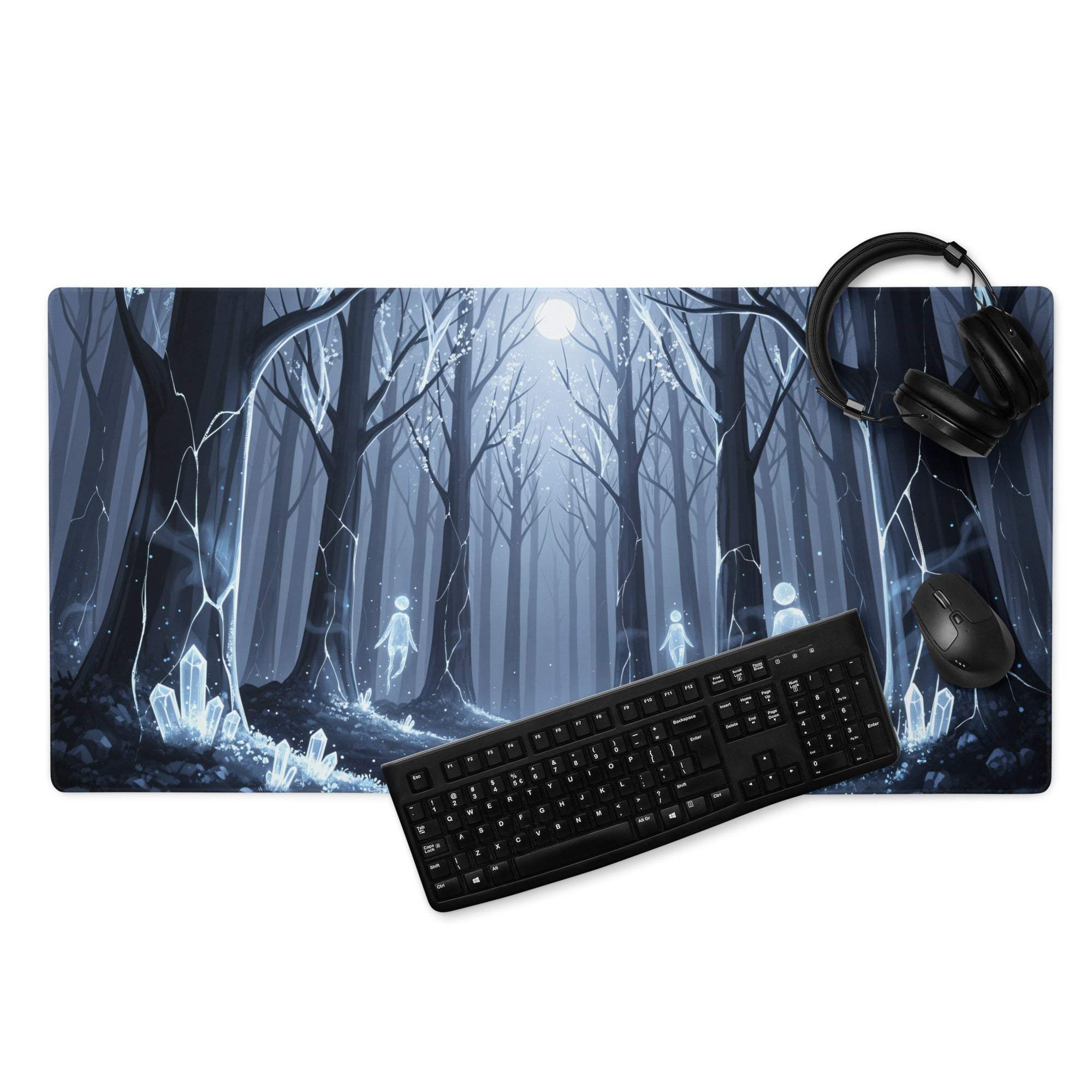 Mystic Forest Blue Night large gaming mouse pad with glowing crystals and ghosts