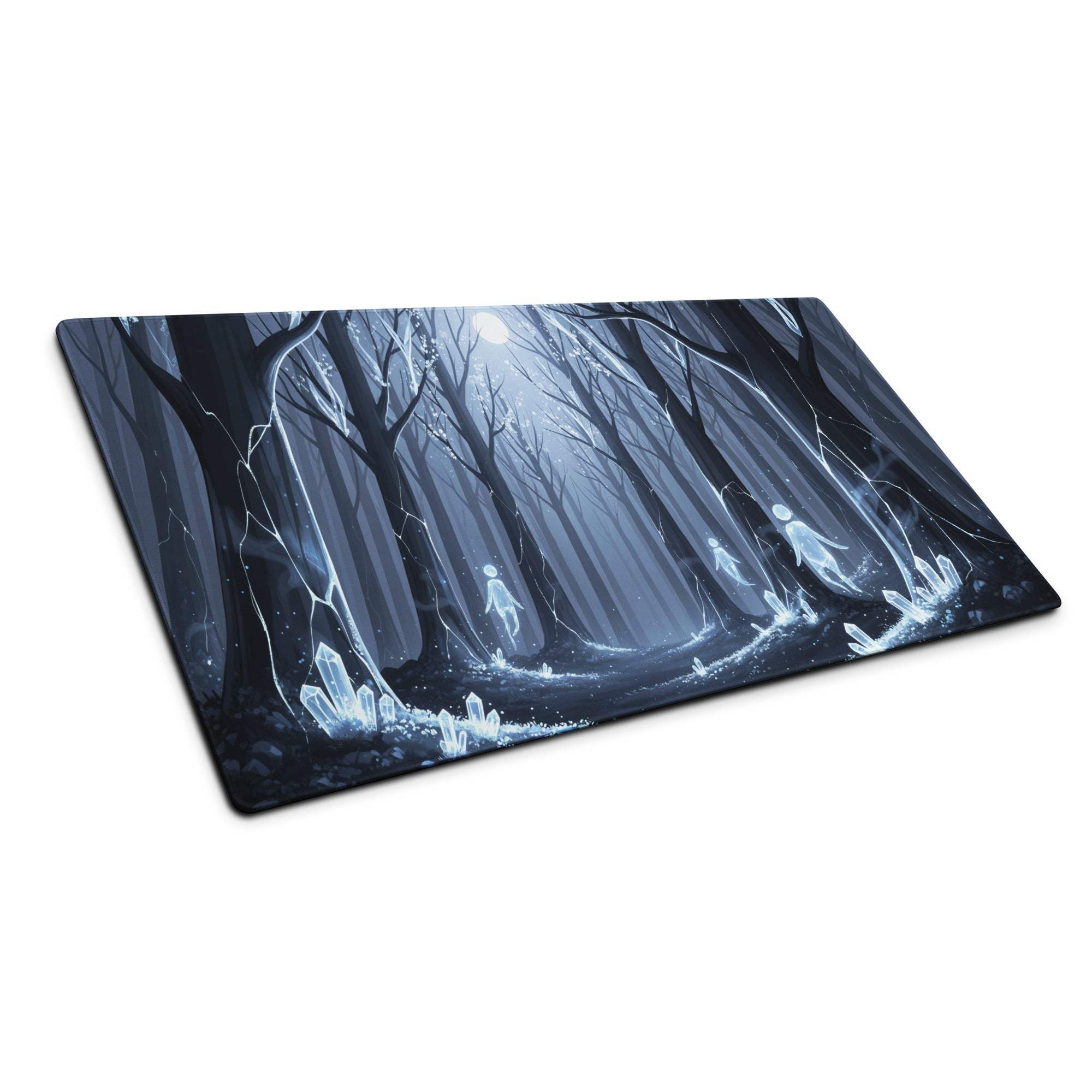 Mystic Forest Blue Night large gaming mouse pad with dark forest, blue crystals, moonlit sky