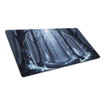 Mystic Forest Blue Night large gaming mouse pad with dark forest, blue crystals, moonlit sky