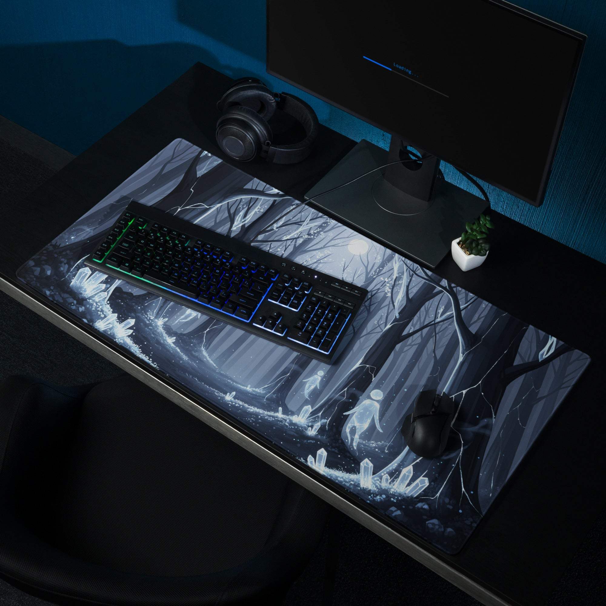 Mystic Forest Blue Night large gaming mouse pad with fantasy forest design
