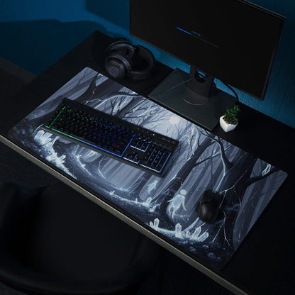 Mystic Forest Blue Night large gaming mouse pad with fantasy forest design