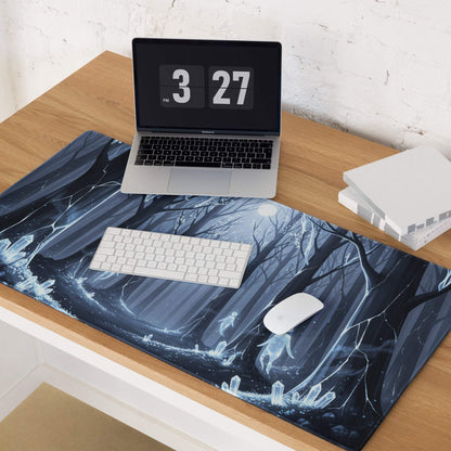 Mystic Forest Blue Night large gaming mouse pad with glowing tree branches, crystals, ethereal figures, moonlit sky, non-slip base, stitched edges