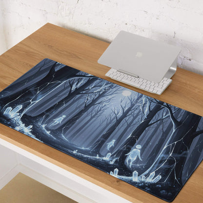 Mystic Forest Blue Night large gaming mouse pad with glowing forest design