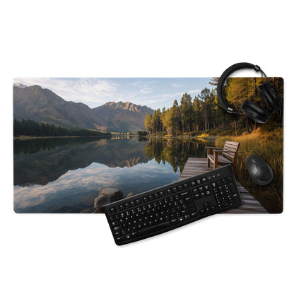 Calm forest lake mouse pad with mountain reflection dock and bench