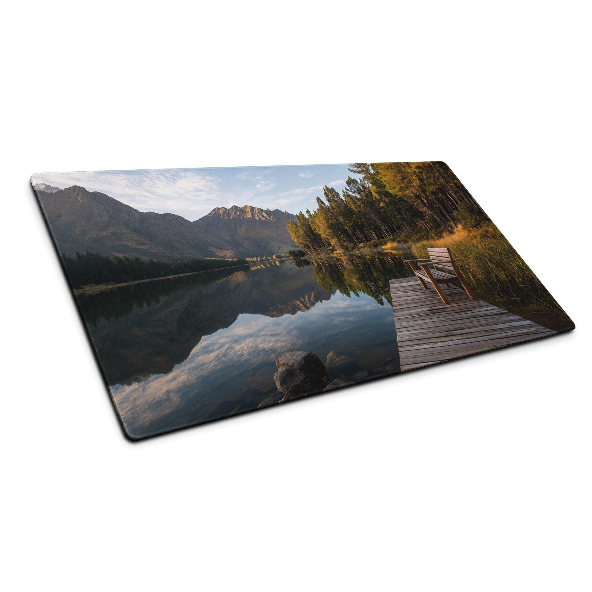 Rectangular glass cutting board with serene mountain lake, dock, trees reflection