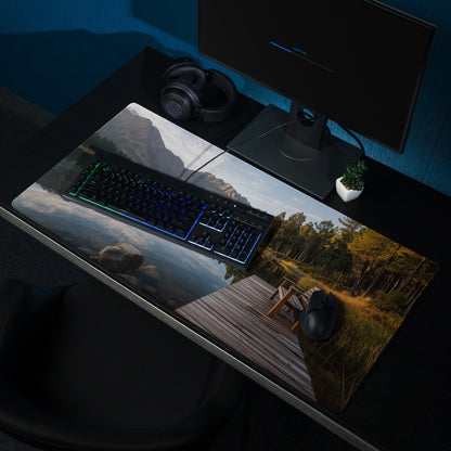 Calm forest lake landscape gaming mouse pad with mountains, dock, non-slip base