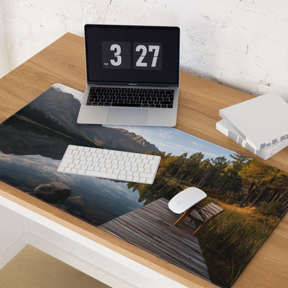 Calm forest lake landscape gaming mouse pad with serene lakeside scene