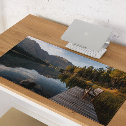 Calm forest lake landscape gaming mouse pad with mountains, dock, non-slip base