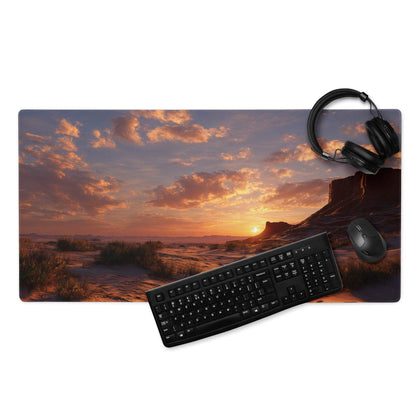 Large cinematic gaming mouse pad with warm orange purple desert sunset