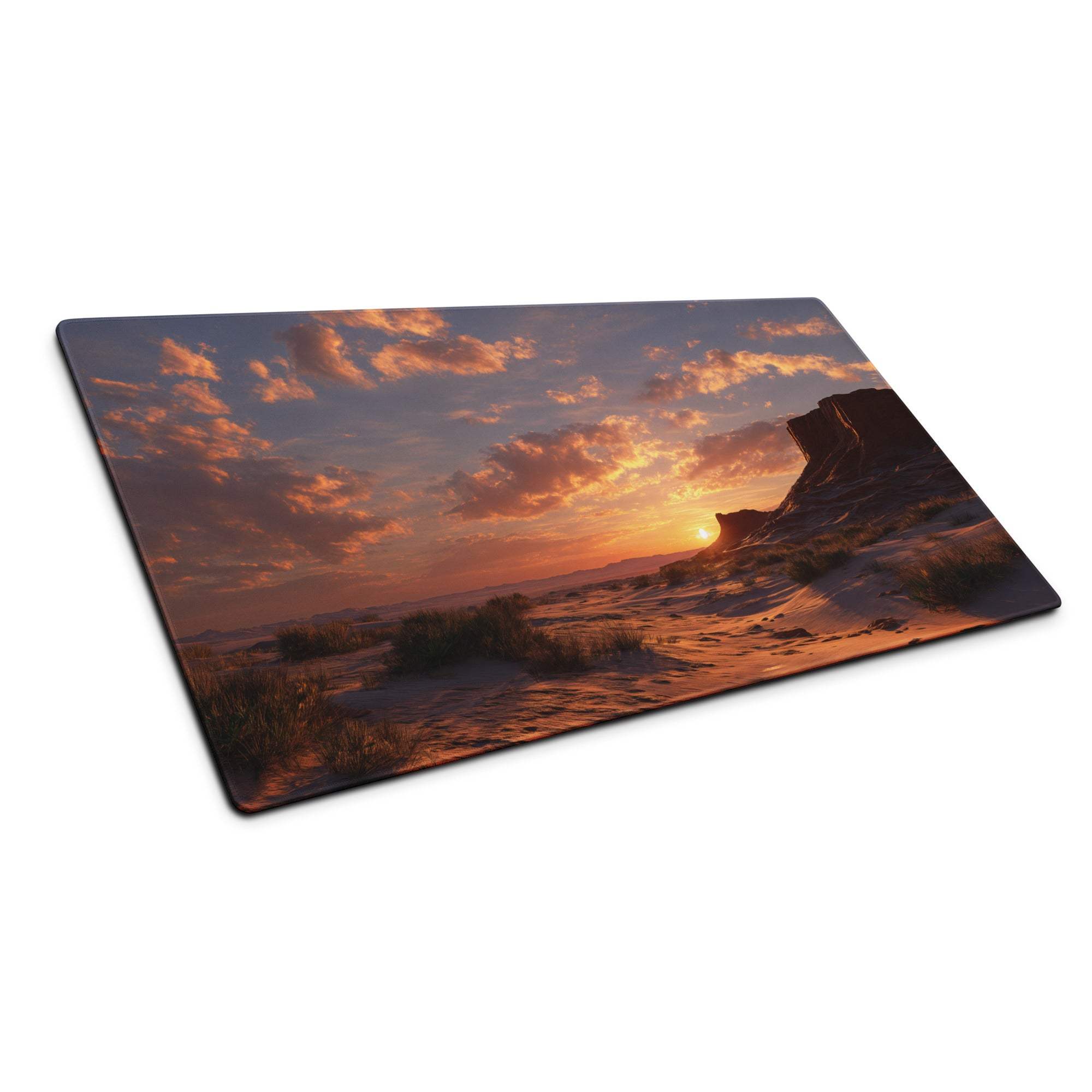 Large cinematic gaming mouse pad with orange purple desert sunset scene