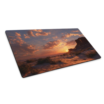 Large cinematic gaming mouse pad with orange purple desert sunset scene