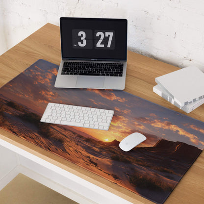 Cinematic gaming mouse pad with warm orange purple desert sunset landscape