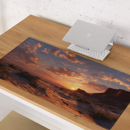 Cinematic gaming mouse pad with warm orange purple desert sunset design