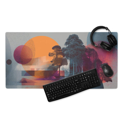 Abstract landscape gaming mouse pad with orange purple circles, trees, vibrant gradient sky, large non-slip