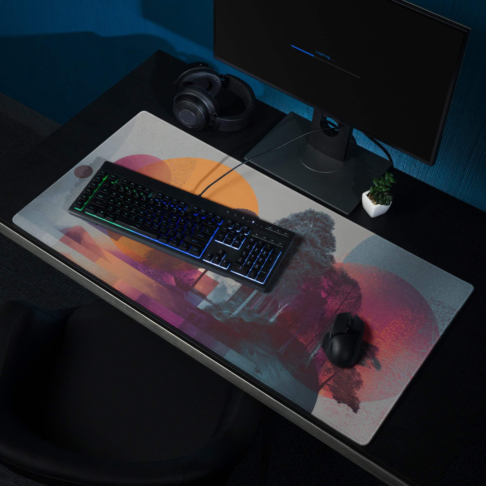 Abstract landscape gaming mouse pad in vibrant multicolor with non-slip base