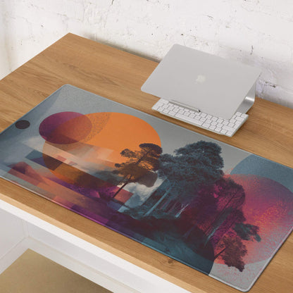 Abstract landscape gaming mouse pad in vibrant orange purple multicolor with non-slip base
