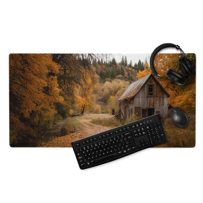 Vintage rustic autumn forest cabin gaming mouse pad with golden trees and barn
