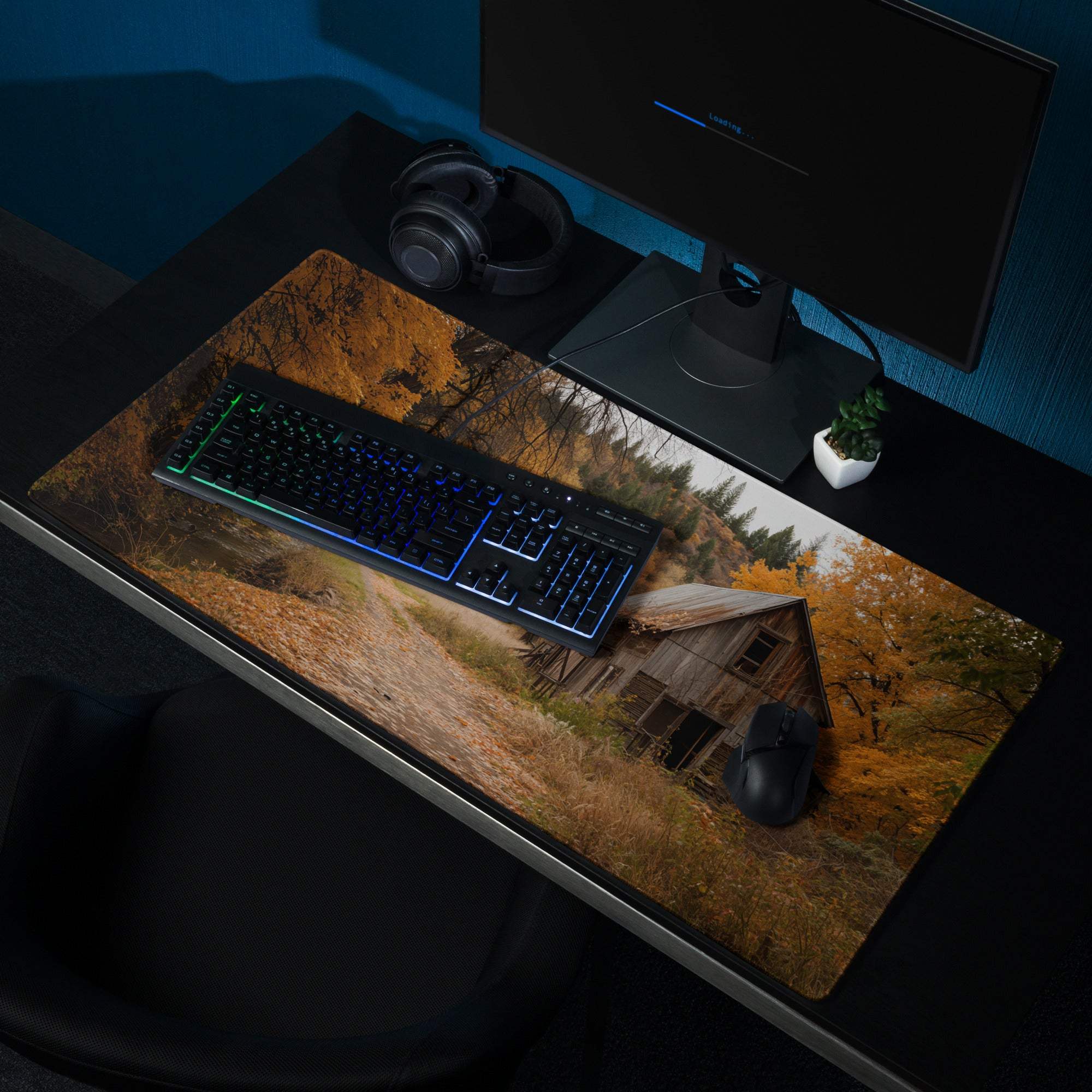 Vintage rustic autumn forest cabin gaming mouse pad with warm orange tones