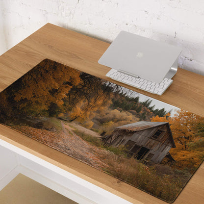 Vintage rustic autumn barn mouse pad with golden trees and leaves