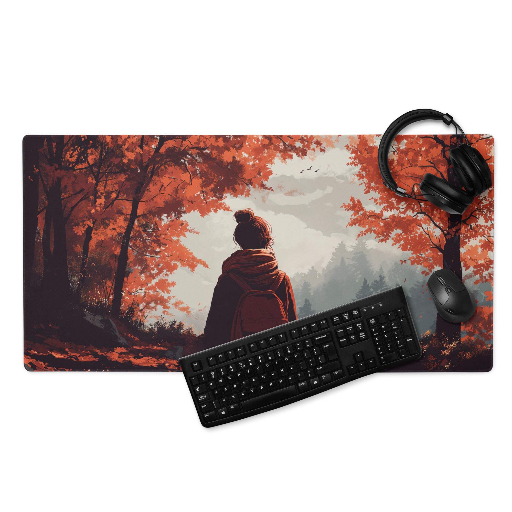 Stylized autumn forest backpacker in red cloak on large gaming mouse pad